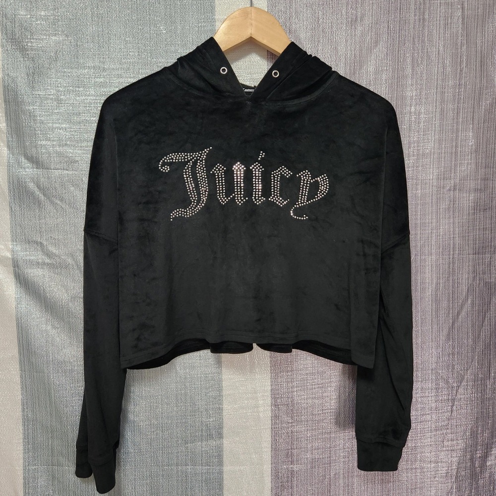 Juicy Couture Black Velour Cropped Hoodie Rhinestone Logo Y2K McBling Streetwear